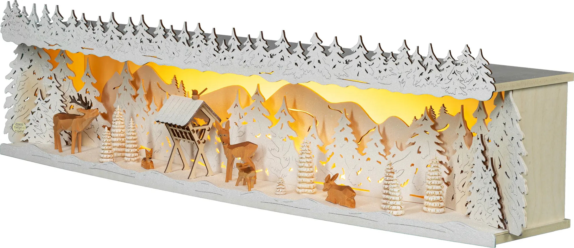 LED Panorama Schwibbogenerhöhung "Winterwald" beschneit – 45° Ansicht von links