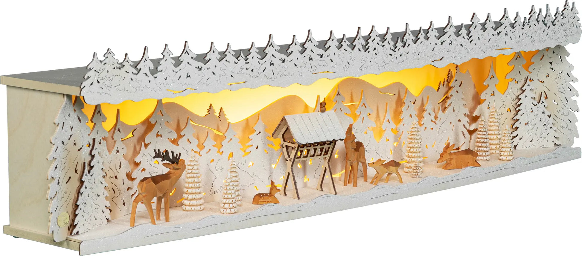LED Panorama Schwibbogenerhöhung "Winterwald" beschneit – 45° Ansicht von rechts