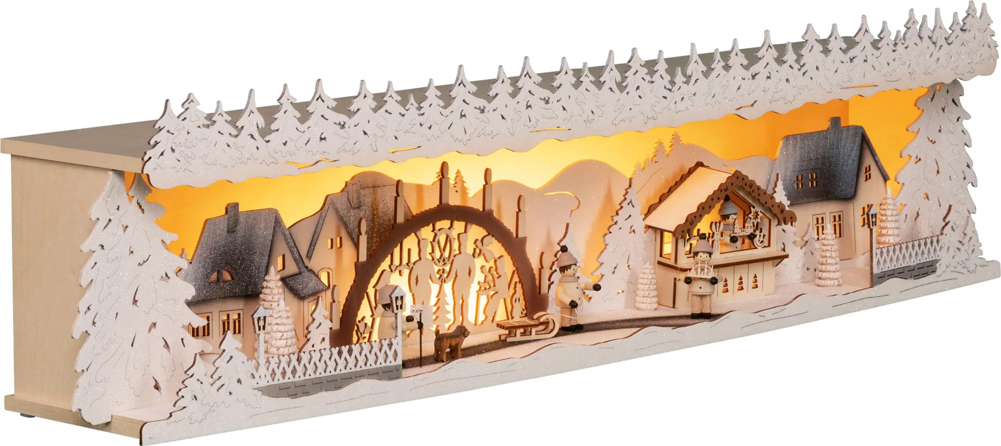 LED Panorama Schwibbogenerhöhung "Weihnachtsidylle" beschneit – 45° Ansicht von rechts