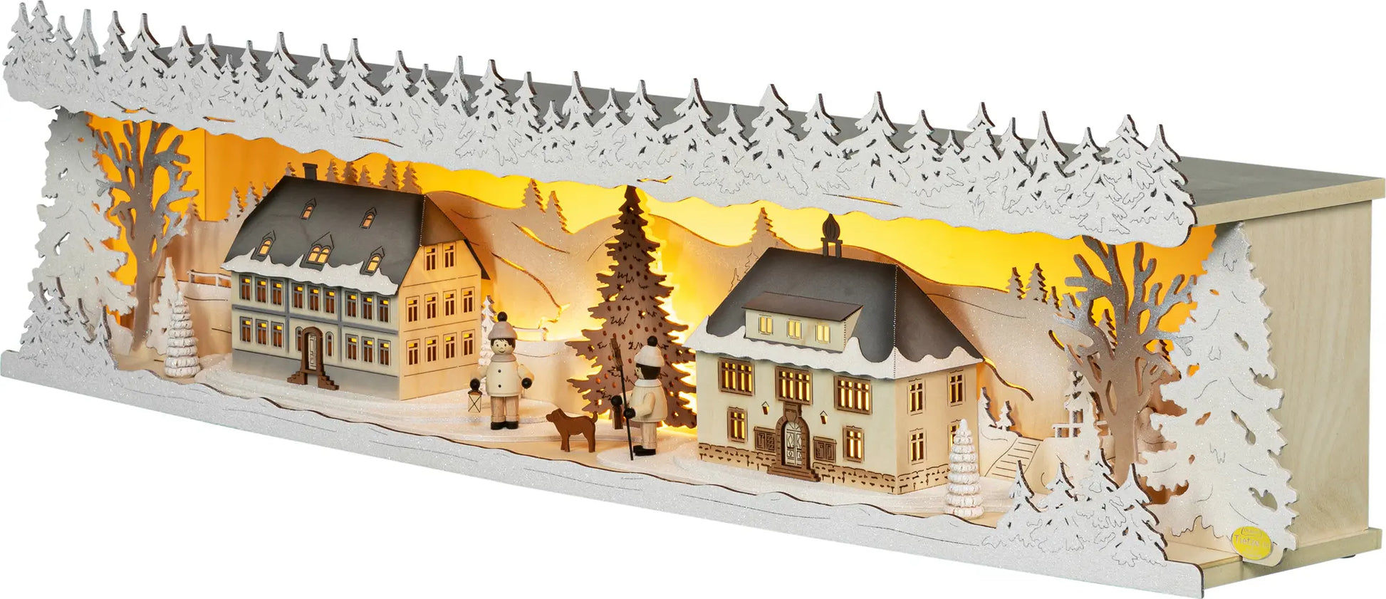 LED Panorama Schwibbogenerhöhung "Seiffener Dorf" beschneit – 45° Ansicht von links