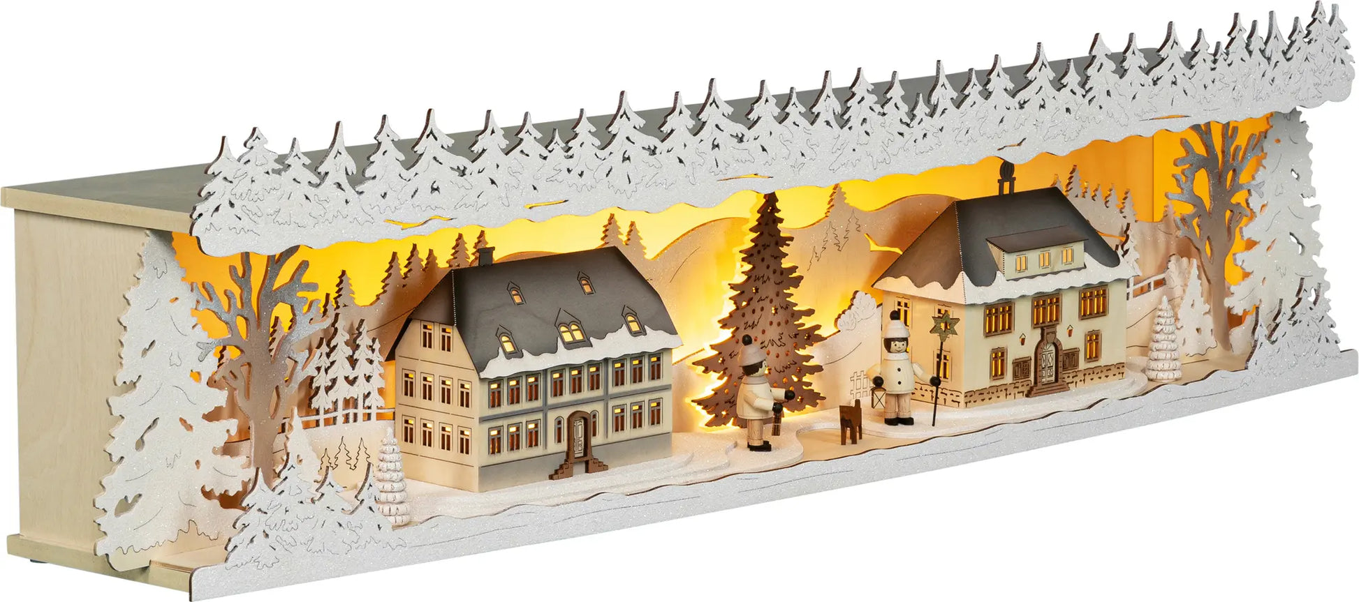 LED Panorama Schwibbogenerhöhung "Seiffener Dorf" beschneit – 45° Ansicht von rechts