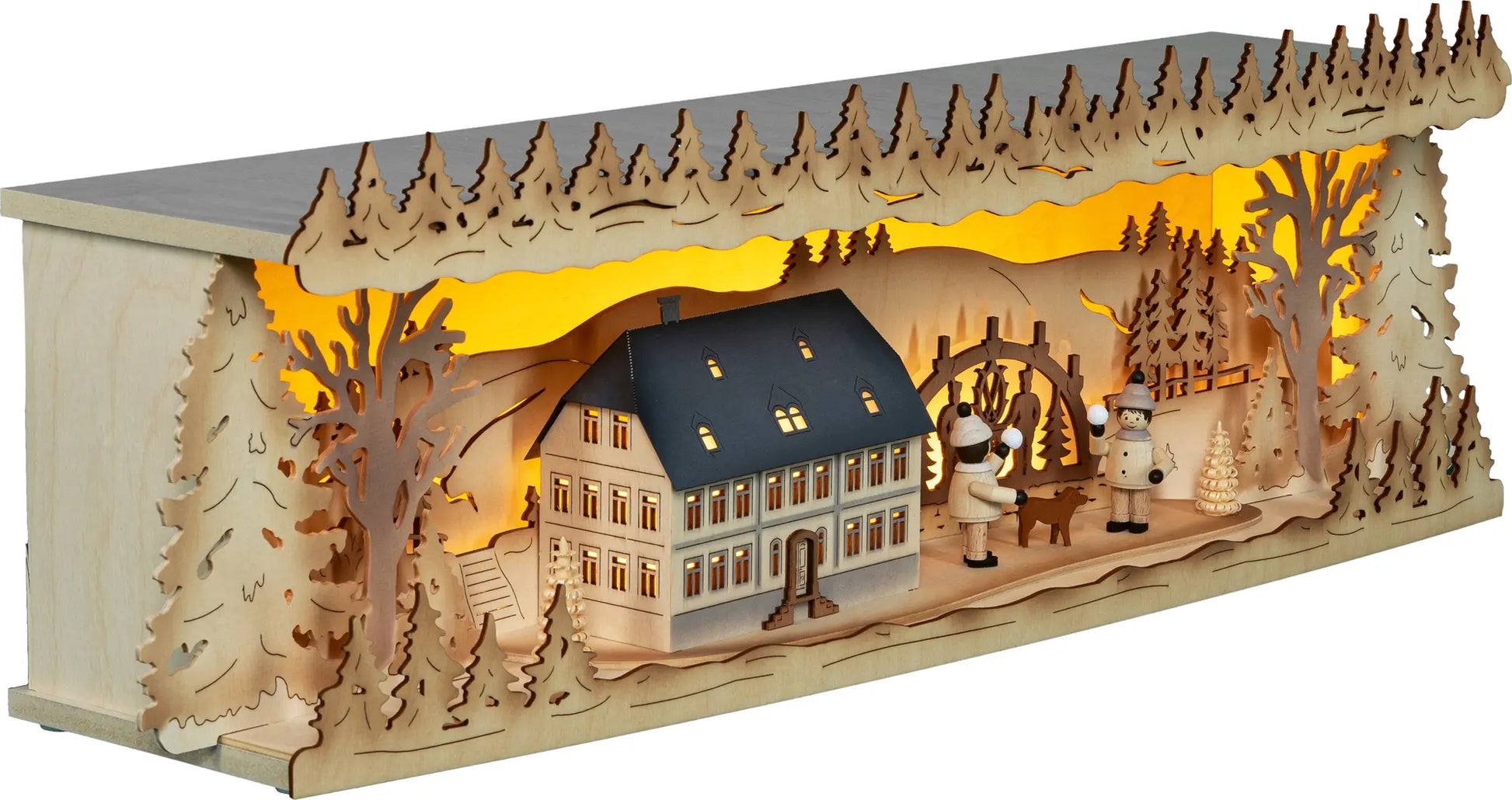 LED Panorama Schwibbogenerhöhung "Seiffener Schule" beschneit – 45° Ansicht von rechts