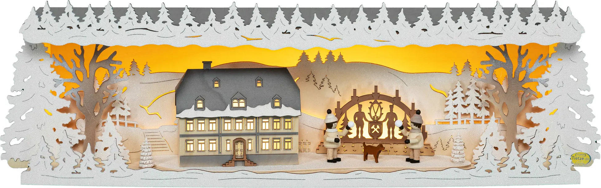 LED Panorama Schwibbogenerhöhung "Seiffener Schule" beschneit beleuchtet