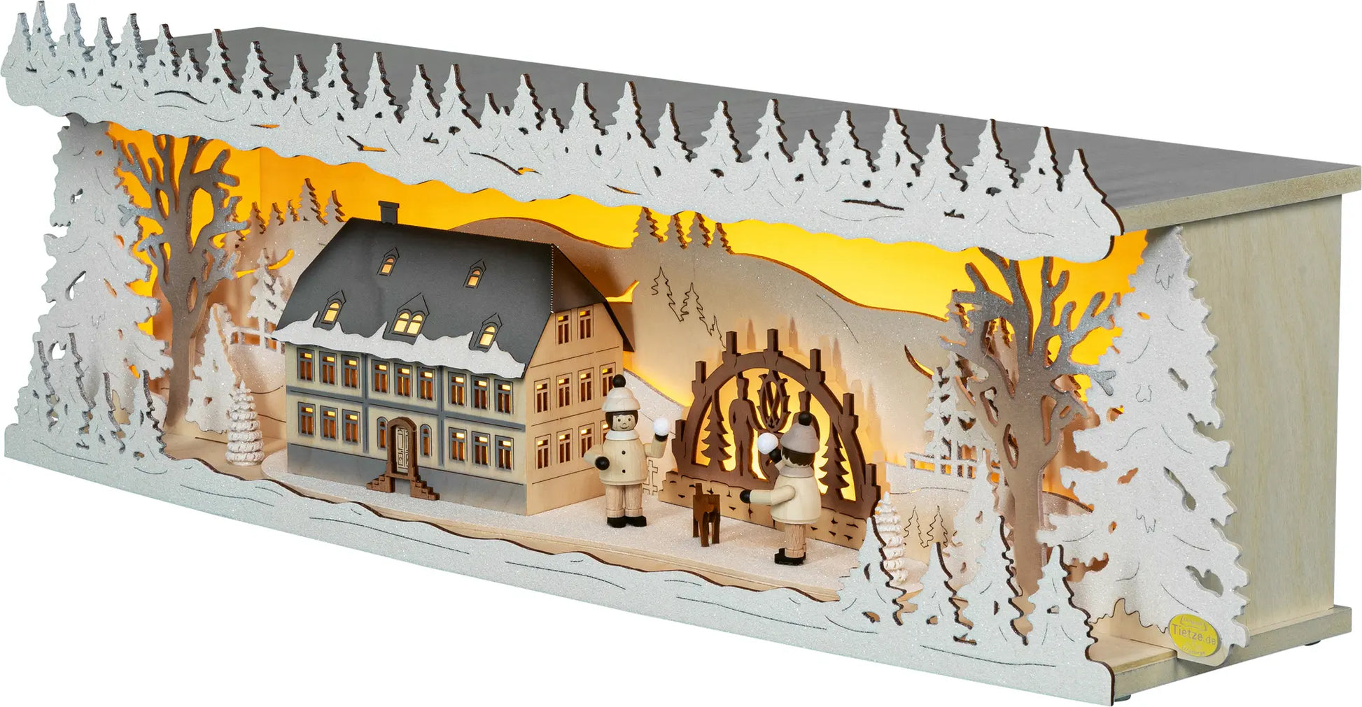 LED Panorama Schwibbogenerhöhung "Seiffener Schule" beschneit 45° links