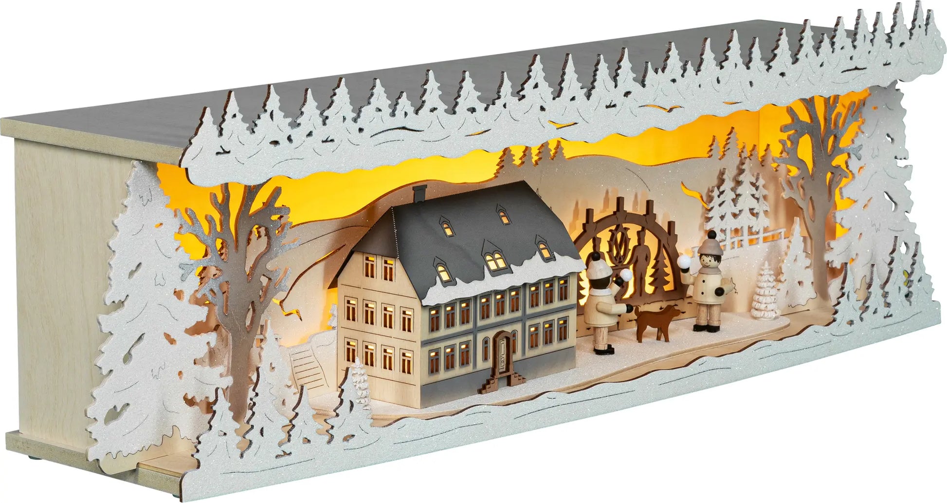 LED Panorama Schwibbogenerhöhung "Seiffener Schule" beschneit 45° rechts 