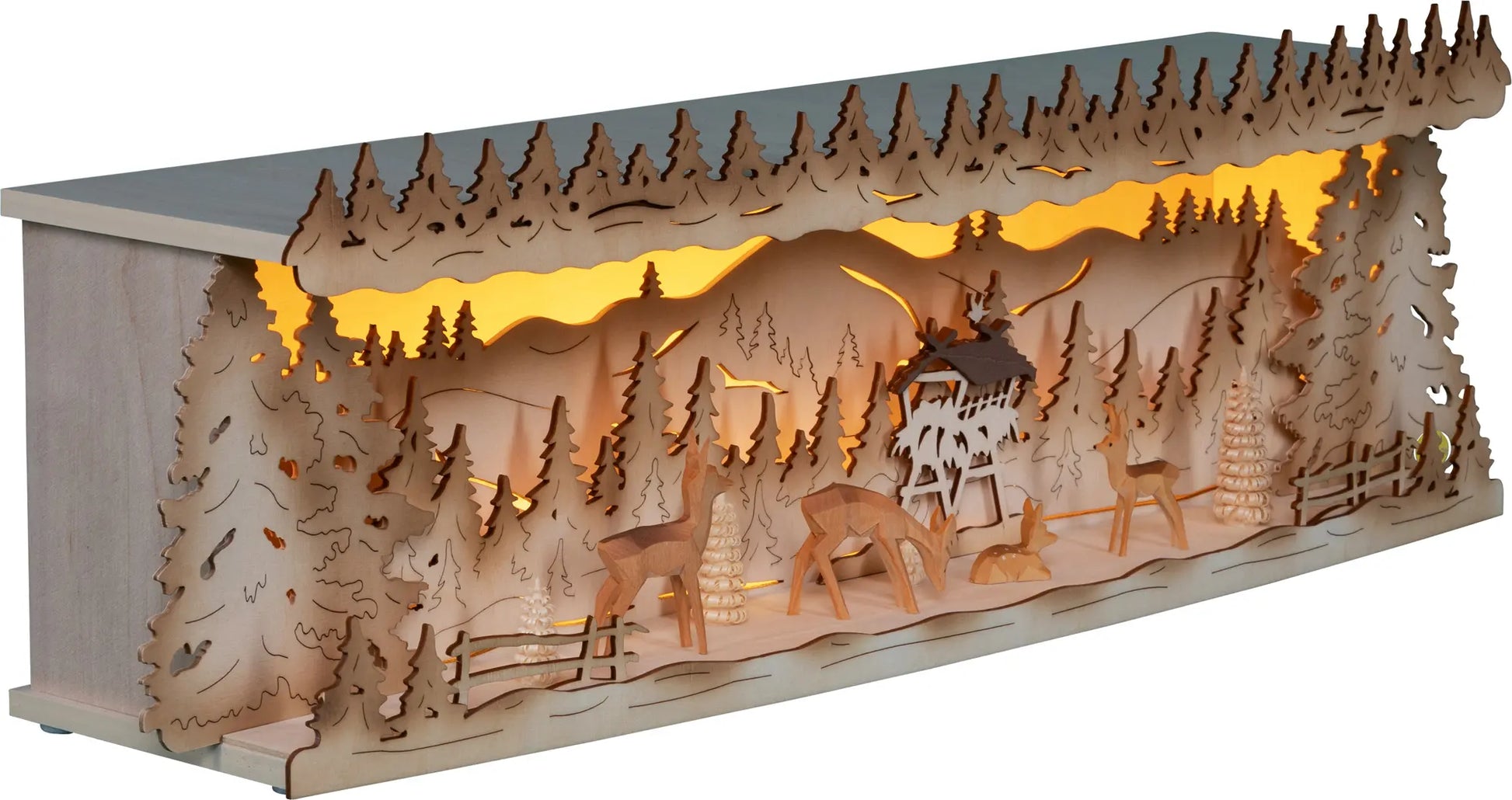 LED Panorama Schwibbogenerhöhung "Rehe im Wald" – 45° Ansicht von links