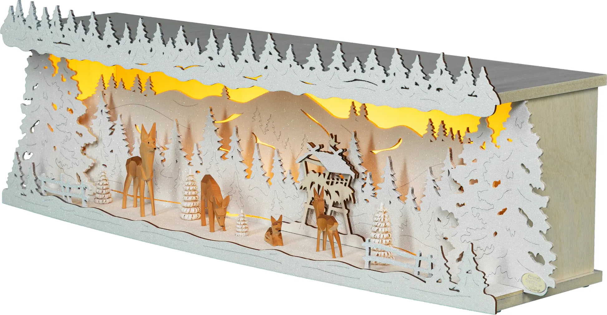 LED Panorama Schwibbogenerhöhung "Rehe im Wald" beschneit – 45° Ansicht von links