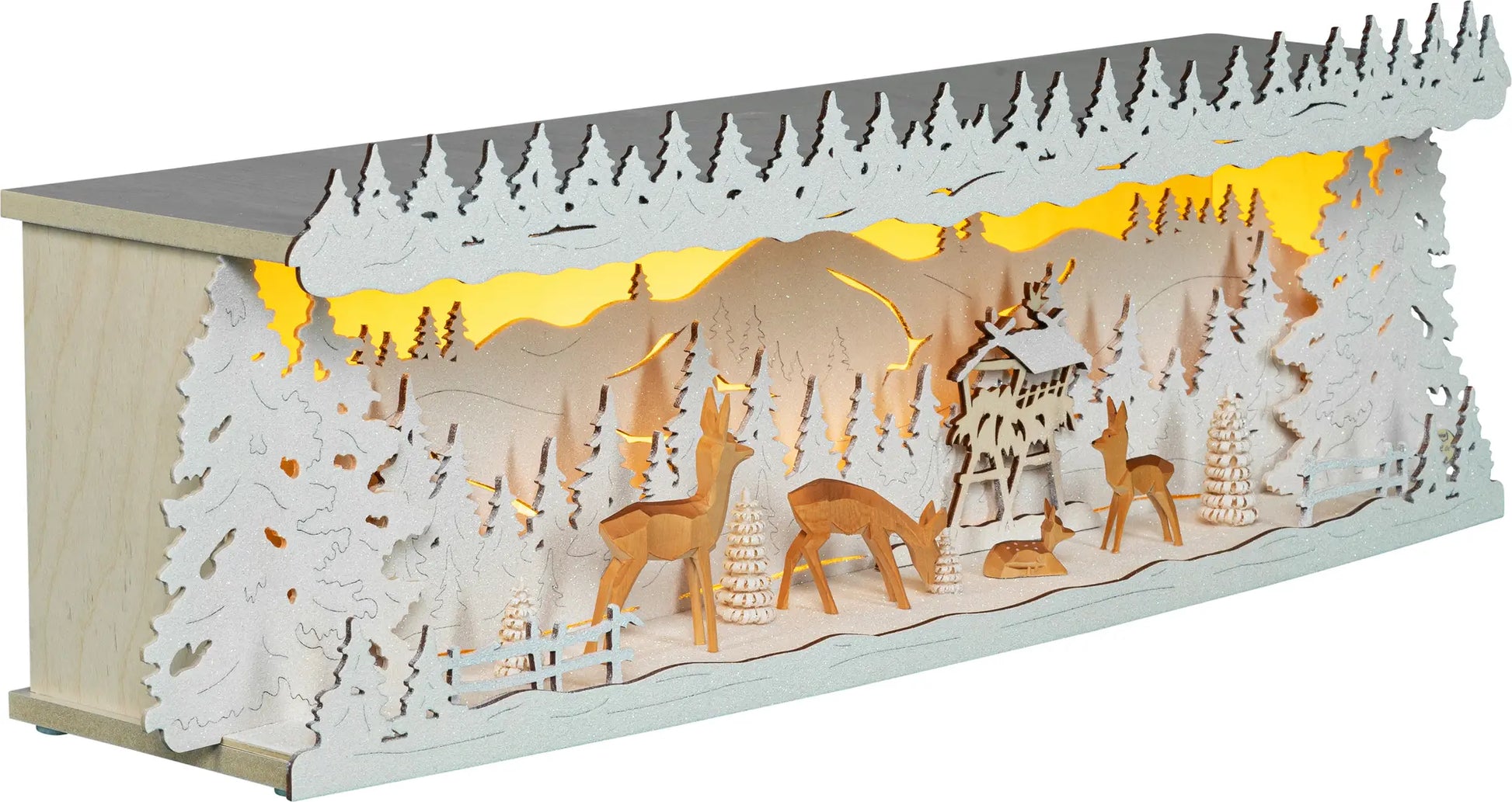 LED Panorama Schwibbogenerhöhung "Rehe im Wald" beschneit – 45° Ansicht von rechts