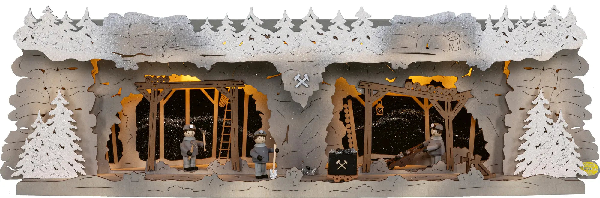 LED Panorama Schwibbogenerhöhung "Bergbau" beschneit beleuchtet
