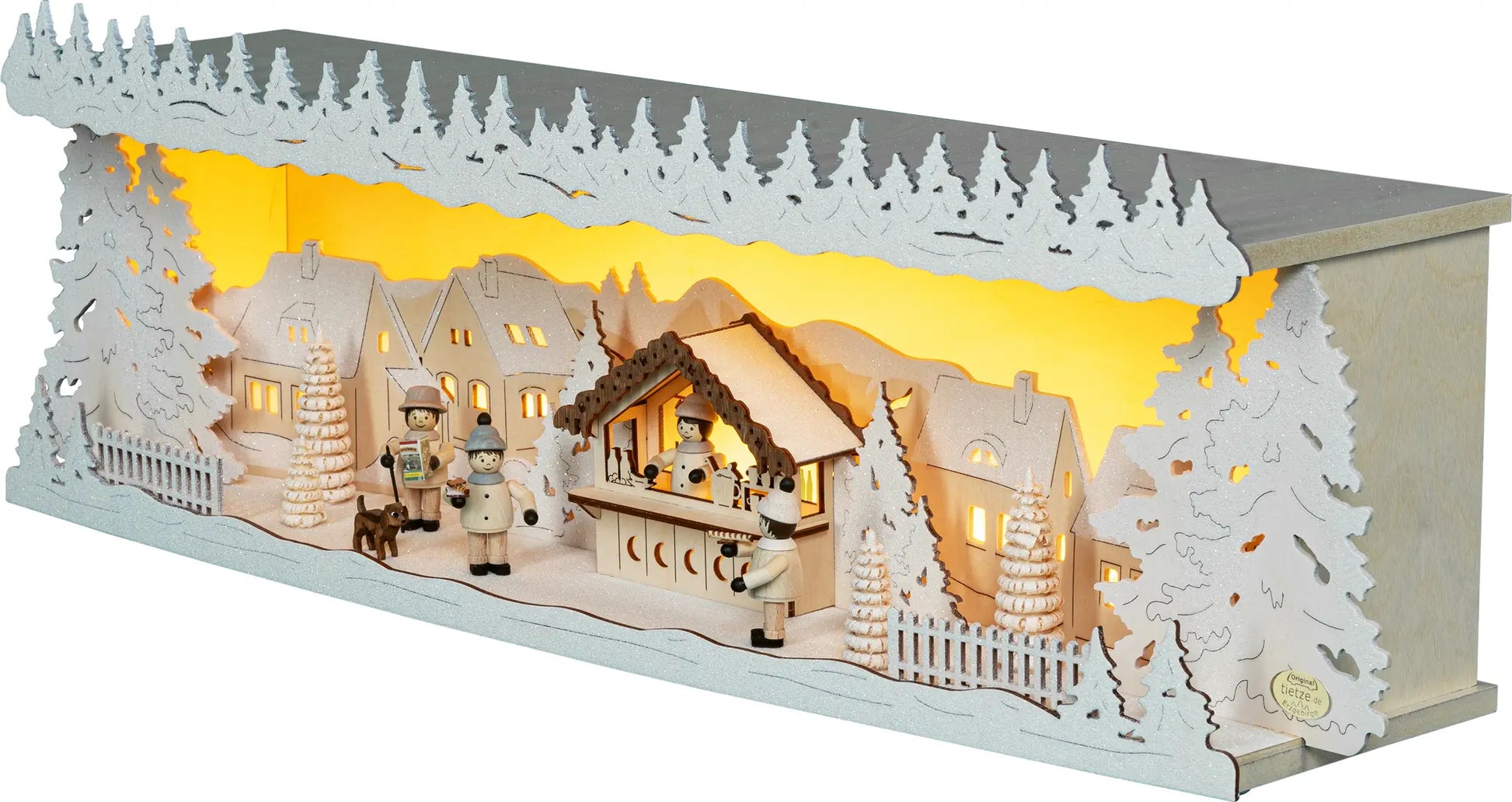 LED Panorama Schwibbogenerhöhung "Weihnachtsmarkt" beschneit – 45° Ansicht von links