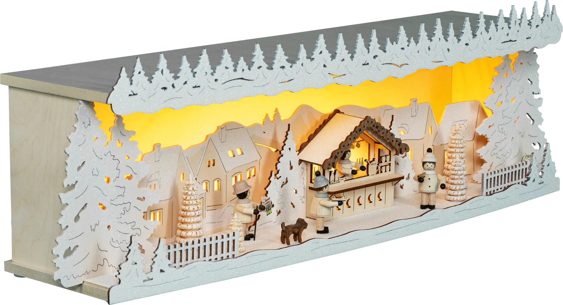 LED Panorama Schwibbogenerhöhung "Weihnachtsmarkt" beschneit – 45° Ansicht von rechts