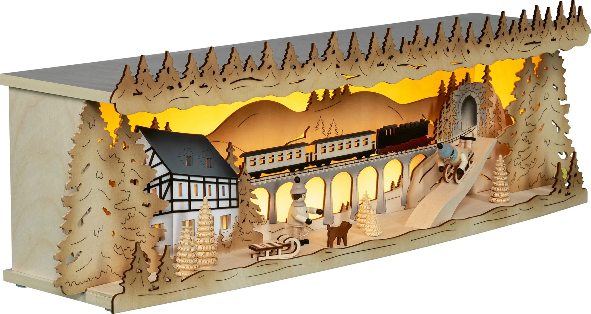 LED Panorama Schwibbogenerhöhung "Winterland Erzgebirge" – 45° Ansicht von rechts